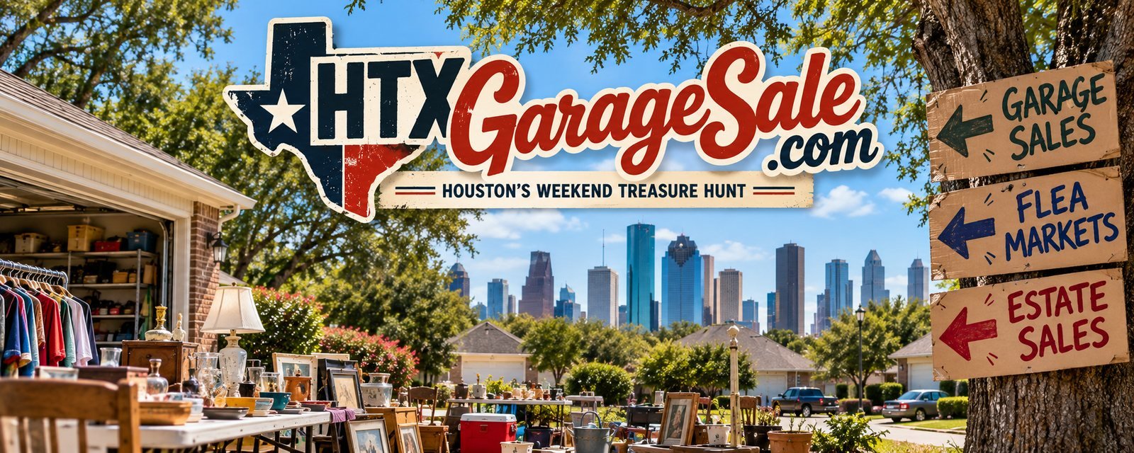 HTXGarageSale.com, Houston's Weekend Treasure Hunt. A neighborhood garage sale in front of the Houston skyline, with signs pointing to Garage Sales, Flea Markets and Estate Sales.